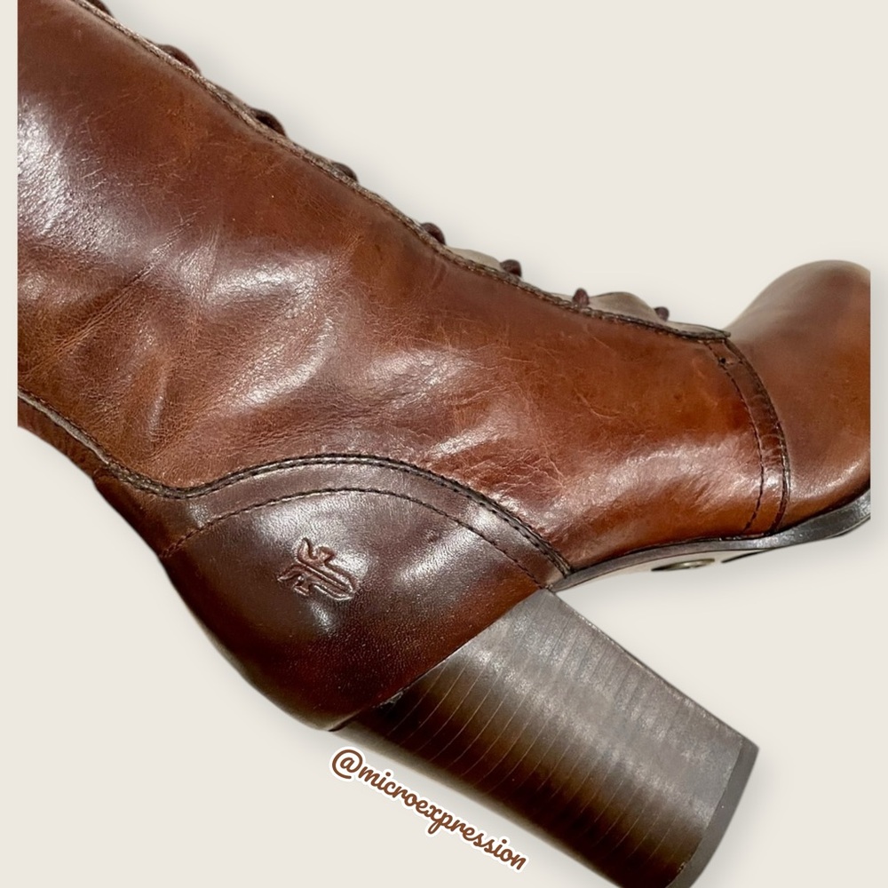 $699 Frye Parker Lace-Up Victorian Brown Leather Tall Boho Heeled Knee High Boot - Picture 9 of 16